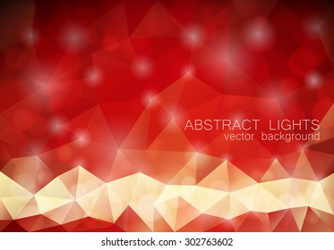 Red abstract triangle geometrical background in low poly style with lights and bokeh. Vector eps10.