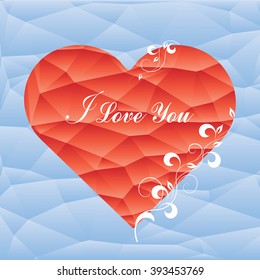 Red abstract triangle geometrical heart with floral pattern on blue polygonal background. I love you lettering.