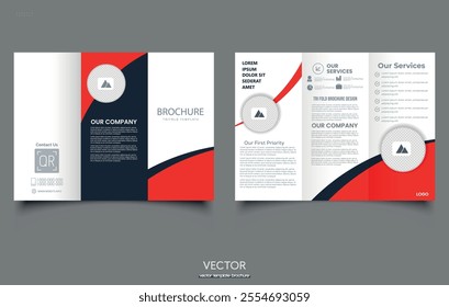 Red abstract trifold brochure template design for print vector. Construction and renovation trifold brochure template