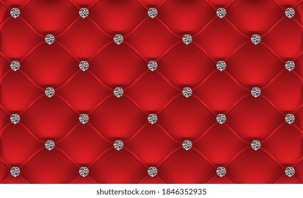 Red abstract upholstery background with diamond buttons.Royal Red vintage leather upholstery leather background.Luxury Background Template. 3d realistic upholstery seamless pattern.Vector Illustration