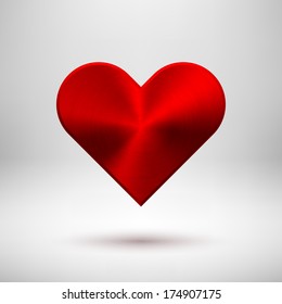 Red abstract Valentine's heart sign, blank button template with metal texture (chrome, steel, silver), realistic shadow and light background for user interfaces (UI) and  applications (apps).