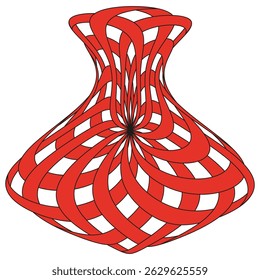 Red abstract vase. Twisted ribbon shape. Bold 3D illusion. Vector decorative figure.