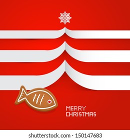 Red Abstract Vector Christmas Background With Gingerbread Fish and Tree Made of Paper
