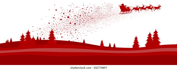 Red Abstract Vector Christmas Season Panorama Banner with Santa and Reindeer Sled Isolated on White Background. Horizontal Landscape Illustration with Fir Trees - X-Mas Greeting Card