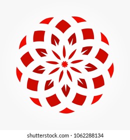 Red abstract vector flower. Chrysanthemum. Round logo. Technology circle emblem. Design element. Vector dotted frame. Vector illustration.