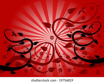 A red abstract vector illustration with winding vines on an red sunburst backdrop