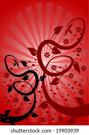 Ilustración vectorial abstracta roja con vinchas serpenteantes sobre un fondo de explosión de sol rojo