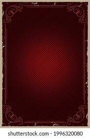 Red abstract vintage template with frame elegant vignettes and slanted lines pattern vector illustration