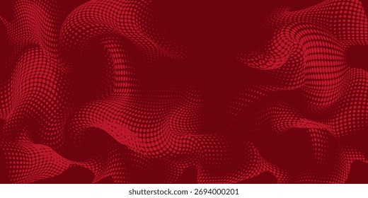 Red Abstract Wavy Dotted Background with 3D Digital Grid Effect