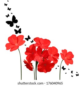 Red abstraction with flowers and butterflies. Vector