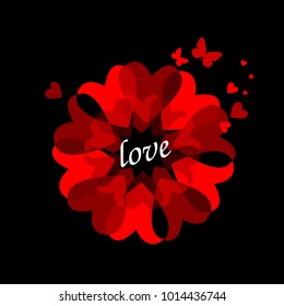 Red abstraction with hearts and butterflies. Vector