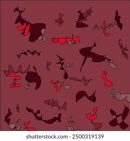 red abstraction, zigzags with snakes, multi-colored spots on a red background, objects of bizarre shapes