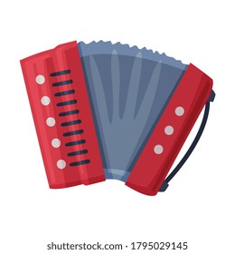 Red Accordion, Classical Bayan Musical Instrument Flat Style Vector Illustration on White Background