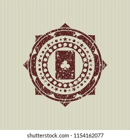 Red ace of clover icon inside distressed rubber grunge stamp