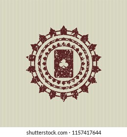 Red ace of clover icon inside distressed rubber seal with grunge texture