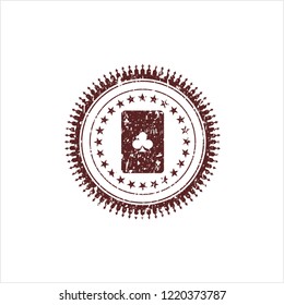 Red ace of clover icon inside distress grunge stamp