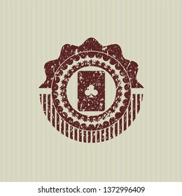 Red ace of clover icon inside distressed rubber seal with grunge texture