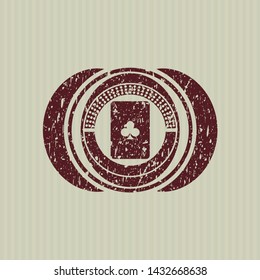 Red ace of clover icon inside distressed grunge seal