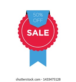Red achievement element wirh blue ribbon. 50% Sale banner template design. 50 percent Big sale special offer. Blue ribbon Special offer vector illustration can be use banner, poster, brochure, sticker