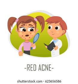 Red acne medical concept. Vector illustration. Doctor and patient are talking in the hospital. Isolated on white background.