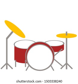 Red acoustic drum kit with hihat and cymbol isolated on white background, music instrument vector, cute cartoon