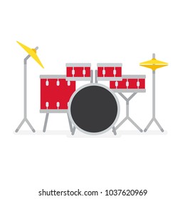 Red acoustic drum kit vector illustration isolated on white. Simple flat style