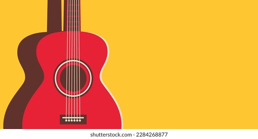 Red acoustic guitar on a yellow background. Nearby there is an empty space for text or copy space.