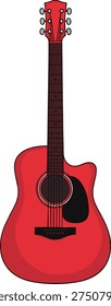 Red acoustic guitar vector with cutaway body, black pickguard, and sound hole — stylized musical instrument illustration for music, performance, and creative design themes.