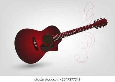 Red acoustical guitar icon on white background, with six strings on it