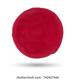 Red acrylic circle hand drawn, grunge brush stroke, red on white background.