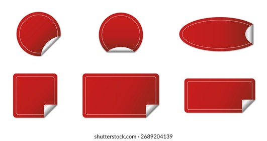 Adesivo vermelho adesivo retangular, redondo e oval com bordas suaves, apresentando um efeito de canto descascando e sombra. Ilustração vetorial.