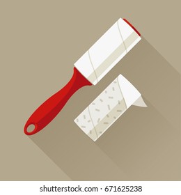 Red adhesive sticky roller on a light brown background. Domestic cleaning tool for getting rid of dandruff, hair, debris, pet wool and fluff. One-time paper roller with adhered dust. Vector flat icon.