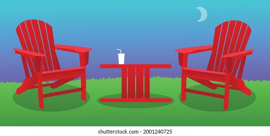 Red Adirondack chairs on lawn with spool table and drink cup vector