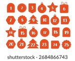 Red advent calendar numbers 1 to 25 in Christmas-themed shapes and stitched style