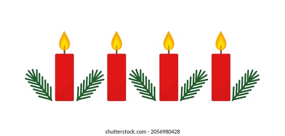 Red advent Christmas candles and fir branches. Christmas wreath vector illustration.