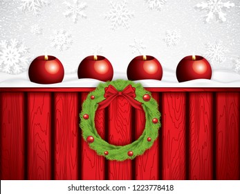 Red Advent design with red candles on snowy background, vector illustration