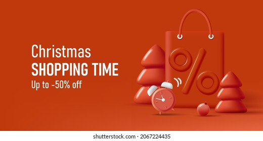 Red advertising banner with 3d illustration of shopping bag with christmas trees, clock and big percent sign, stylish plastic render graphic