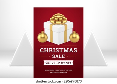 Red advertising poster Christmas seasonal winter sale flyer template realistic 3d icon vector illustration. Premium Xmas weekend discount banner wrapped gift box and ball toy shopping special offer