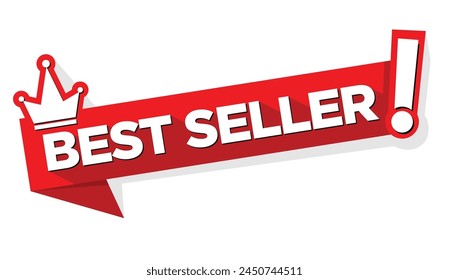 Red advertising sticker Best Seller with crown. Vector on transparent background