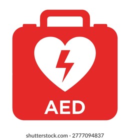 Red AED automated external defibrillator sign icon with a white heart and lightning bolt symbol. Essential medical safety equipment for public health and first aid.