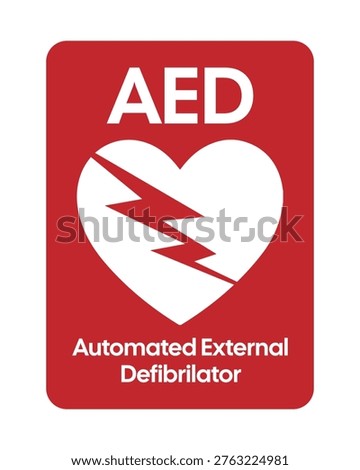Red AED automated external defibrillator sign with heart and lightning symbol. Clearly marks lifesaving medical equipment for cardiac emergencies in public spaces, workplaces, and safety areas.