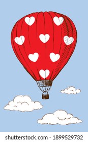 Red aerostat with white hearts surrounded by clouds, hand-drawn.