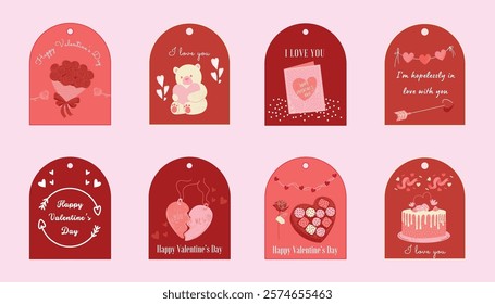 Red aesthetic Valentine’s Day gift tags featuring romantic designs such as heart-shaped chocolates, roses, teddy bears, love notes, and heartfelt messages. Perfect for Valentine’s gift wrapping 