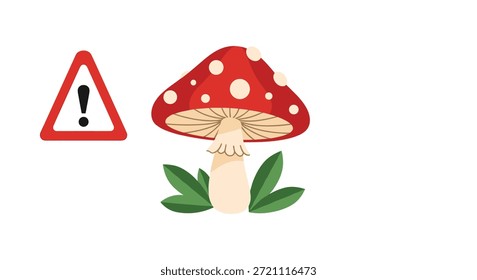 Cogumelo agárico vermelho com manchas brancas ao lado de um sinal de aviso triangular com um ponto de exclamação para indicar fungos venenosos ou tóxicos.