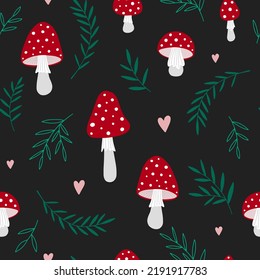 Red agarics and leaves, heart seamless pattern. Amanita mushroom. Autumn doodle red mushrooms seamless pattern. Vector illustration on black.