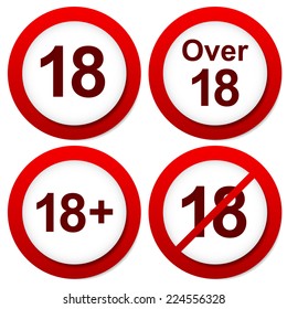 Red age restriction signs. Over 18 (eighteen) signs