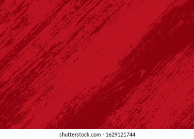 Red aged grainy messy template. Distress urban used texture. Grunge rough dirty background. Brushed color paint cover. Renovate wall scratched backdrop. Empty aging design element. EPS10 vector.