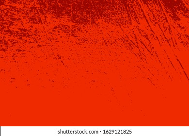 Red aged grainy messy template. Distress urban used texture. Grunge rough dirty background. Brushed color paint cover. Renovate wall scratched backdrop. Empty aging design element. EPS10 vector.