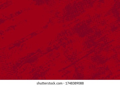 Red aged grainy messy template. Distress urban used texture. Grunge rough dirty background. Brushed color paint cover. Renovate wall scratched backdrop. Empty aging design element. EPS10 vector.