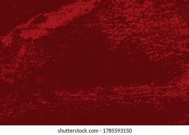 Red aged grainy messy template. Distress urban used texture. Grunge rough dirty background. Brushed color paint cover. Renovate wall scratched backdrop. Empty aging design element. EPS10 vector.